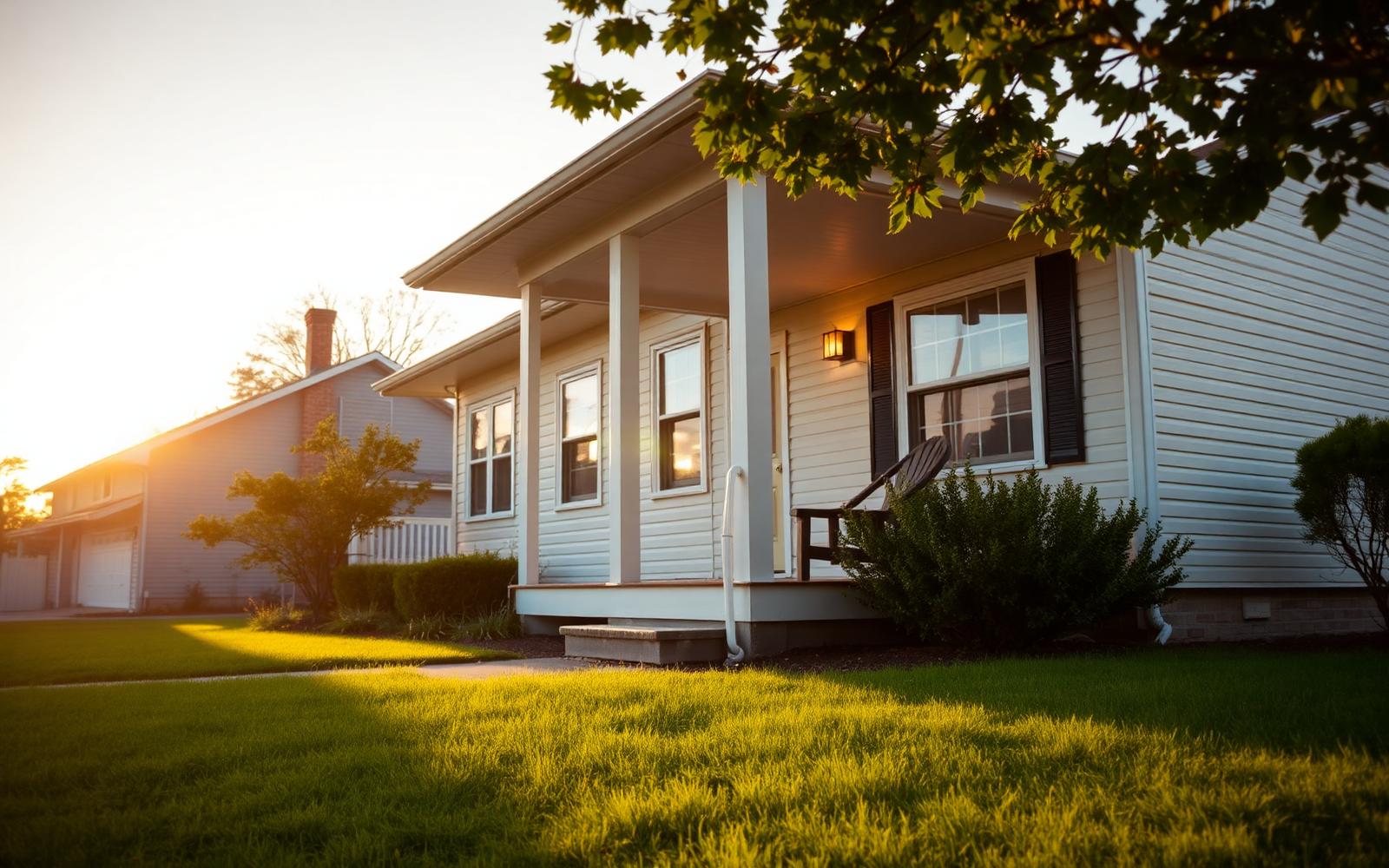 A modest single-family home with a front porch in evening light